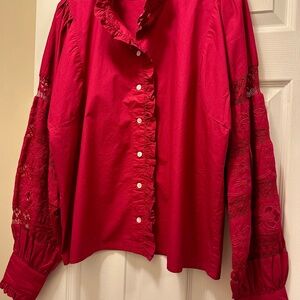 Anthropologie Deep Pink Lace-Sleeve Ruffle Button-Down Shirt